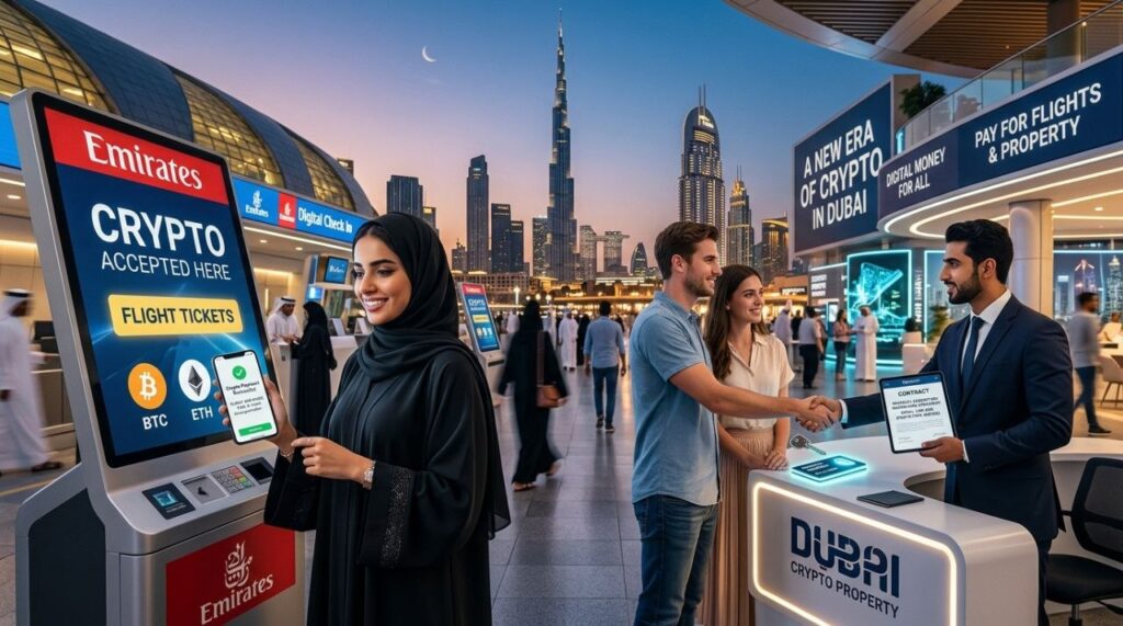 Dubai में Crypto का नया दौर, Flight Ticket से Property तक Digital Money का खेल। 2026 4 Crypto