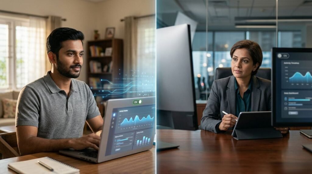 Work From Home में Camera On: नौकरी, निगरानी और Privacy की असली लड़ाई। 2026 3 Work From Home